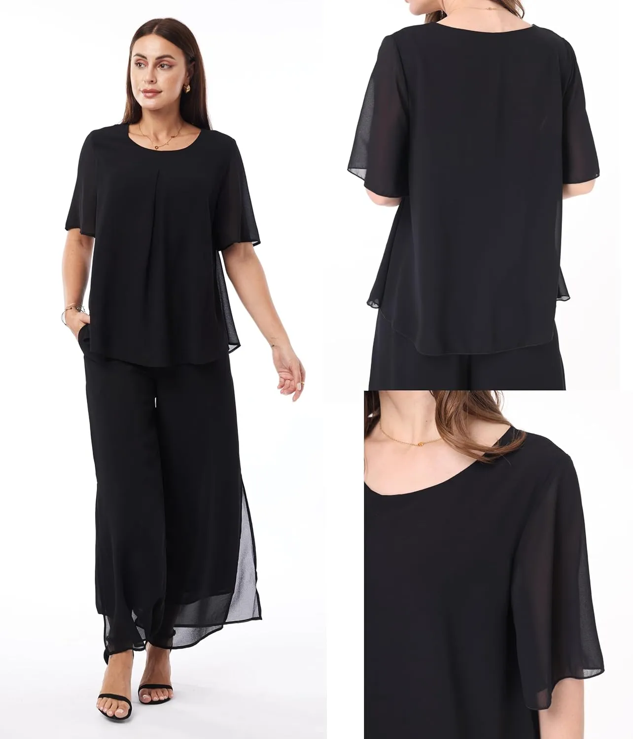 Women's 2 Piece Chiffon Sets Outfits Flowy Ruffle Layers Casual Dressy Wedding Guest Pant Suits