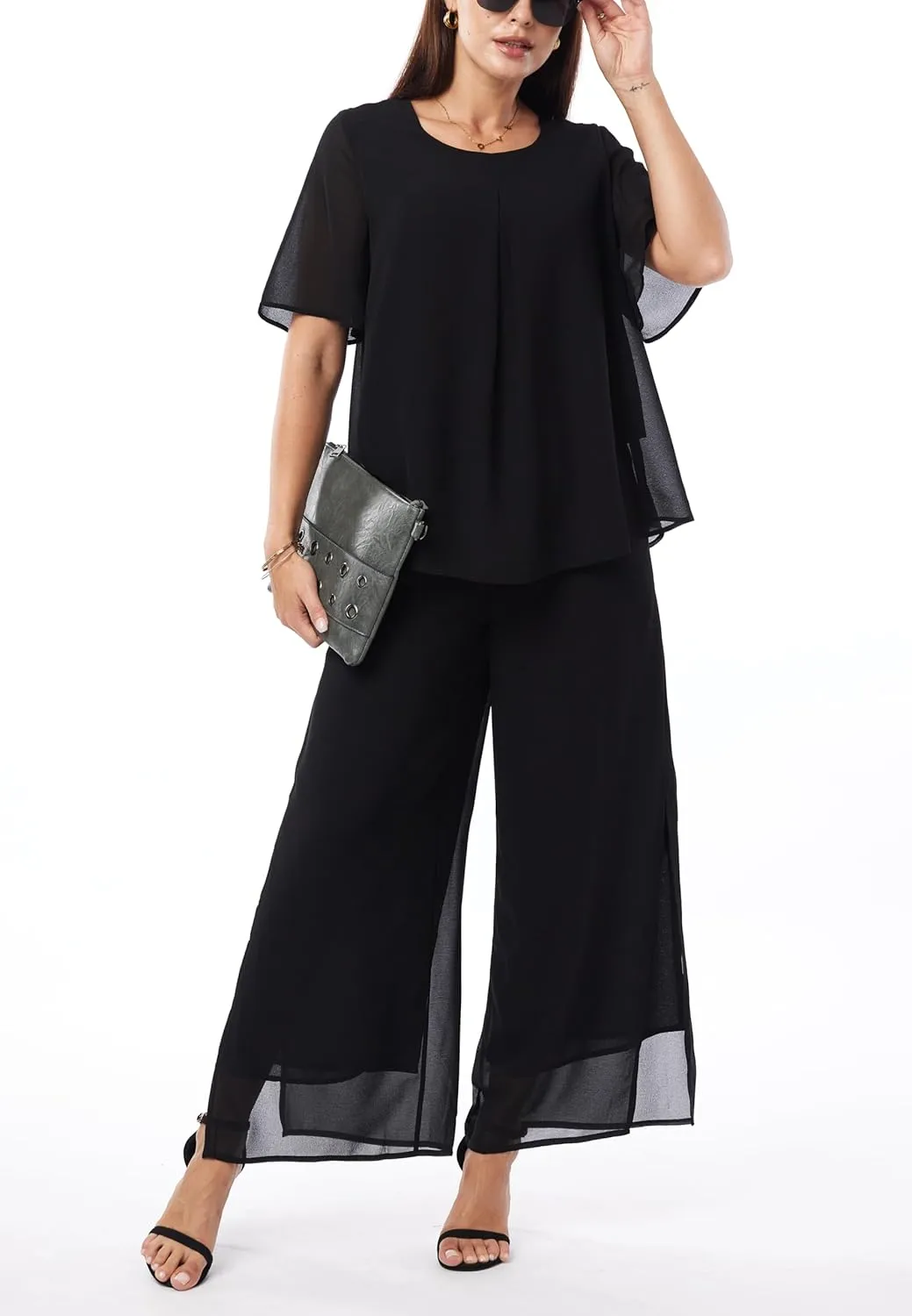 Women's 2 Piece Chiffon Sets Outfits Flowy Ruffle Layers Casual Dressy Wedding Guest Pant Suits