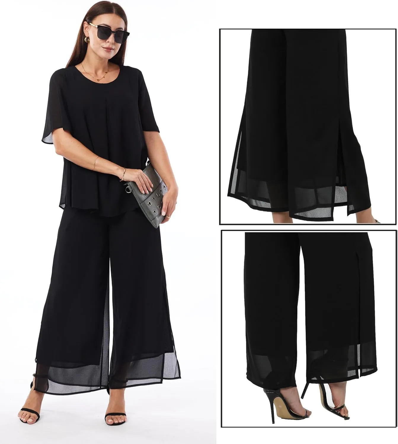 Women's 2 Piece Chiffon Sets Outfits Flowy Ruffle Layers Casual Dressy Wedding Guest Pant Suits