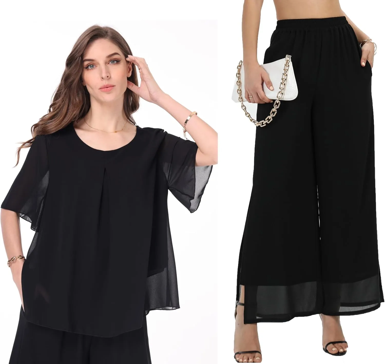 Women's 2 Piece Chiffon Sets Outfits Flowy Ruffle Layers Casual Dressy Wedding Guest Pant Suits