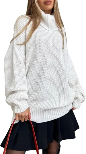 Women's 2022 Winter Fall Solid Turtleneck Long Sleeve Oversized Fuzzy Knit Chunky Warm Pullover Sweater Top