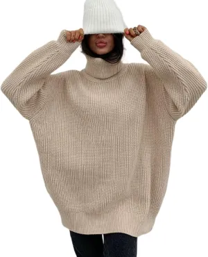 Women's 2022 Winter Fall Solid Turtleneck Long Sleeve Oversized Fuzzy Knit Chunky Warm Pullover Sweater Top