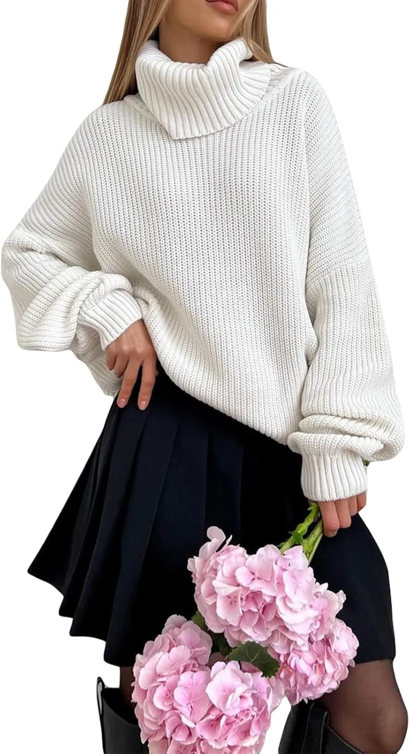 Women's 2022 Winter Fall Solid Turtleneck Long Sleeve Oversized Fuzzy Knit Chunky Warm Pullover Sweater Top