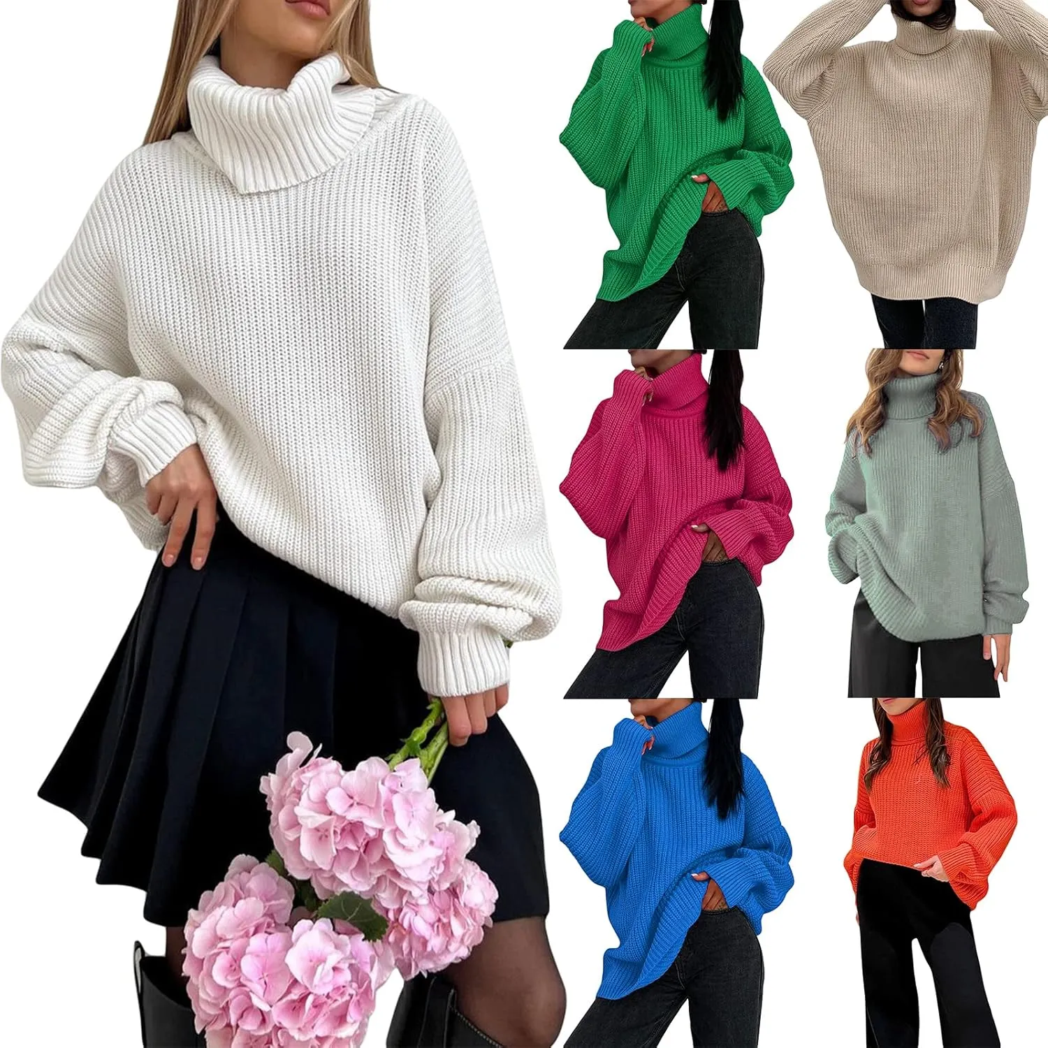 Women's 2022 Winter Fall Solid Turtleneck Long Sleeve Oversized Fuzzy Knit Chunky Warm Pullover Sweater Top