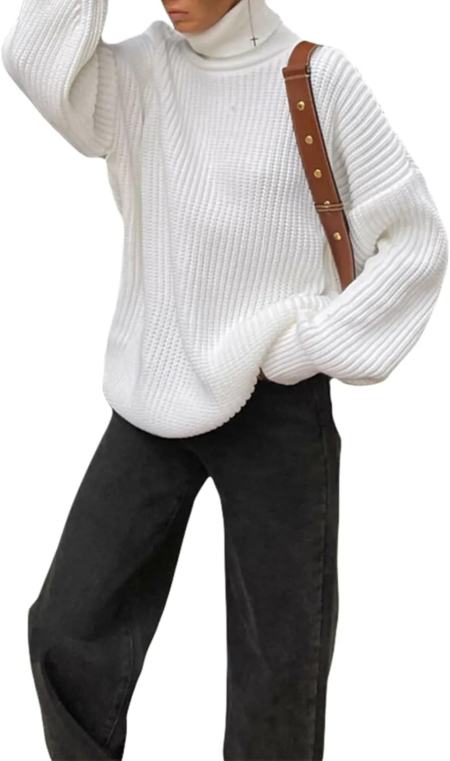 Women's 2022 Winter Fall Solid Turtleneck Long Sleeve Oversized Fuzzy Knit Chunky Warm Pullover Sweater Top