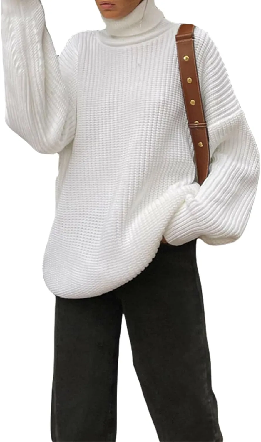 Women's 2022 Winter Fall Solid Turtleneck Long Sleeve Oversized Fuzzy Knit Chunky Warm Pullover Sweater Top