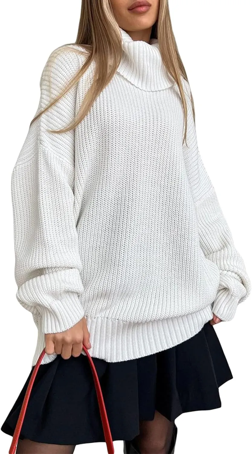 Women's 2022 Winter Fall Solid Turtleneck Long Sleeve Oversized Fuzzy Knit Chunky Warm Pullover Sweater Top
