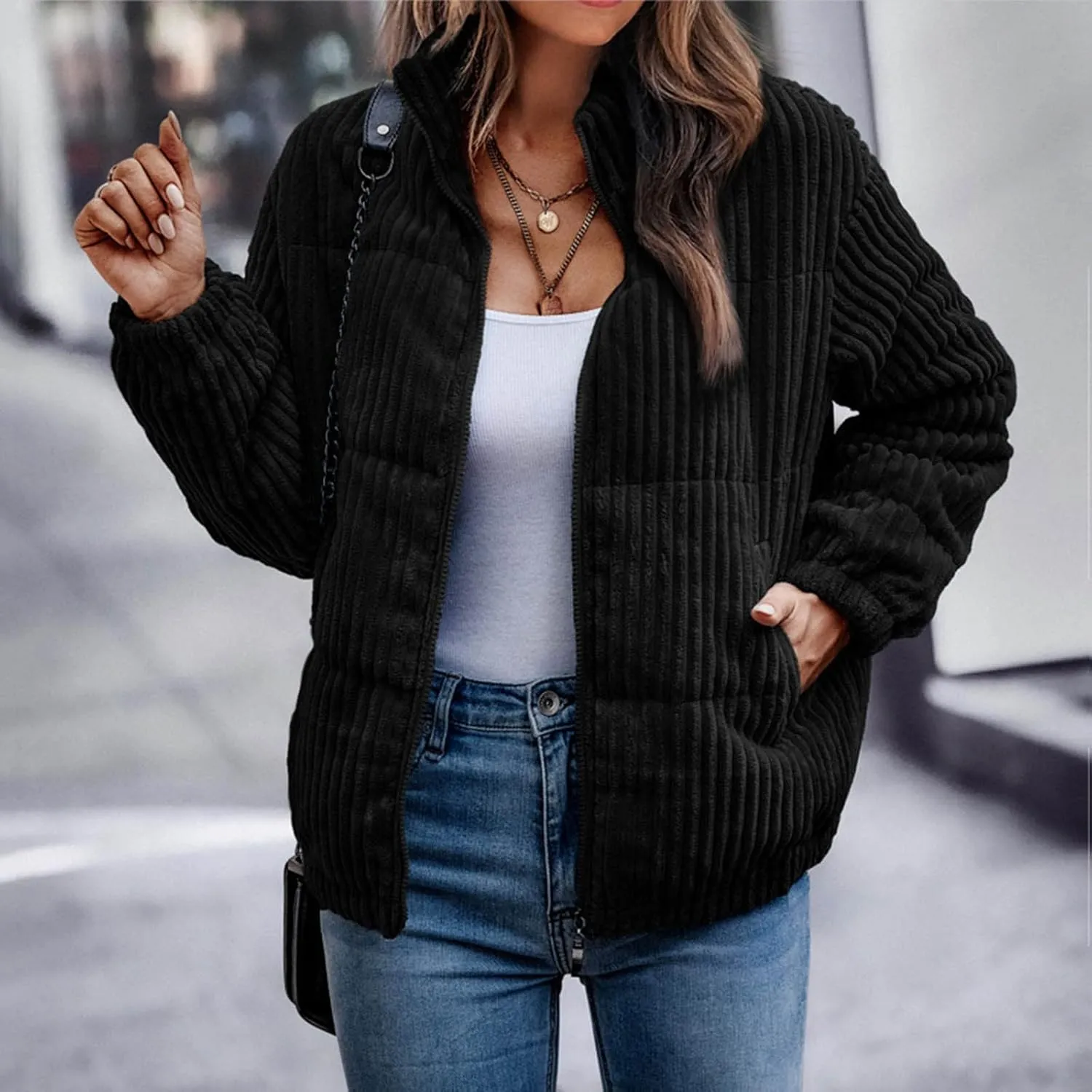Womens 2024 Fashion Thick Solid Zipper Quilted Overcoat Long Sleeve Casual Breadwear Comfy Warm Jacket Coat Daily Suits