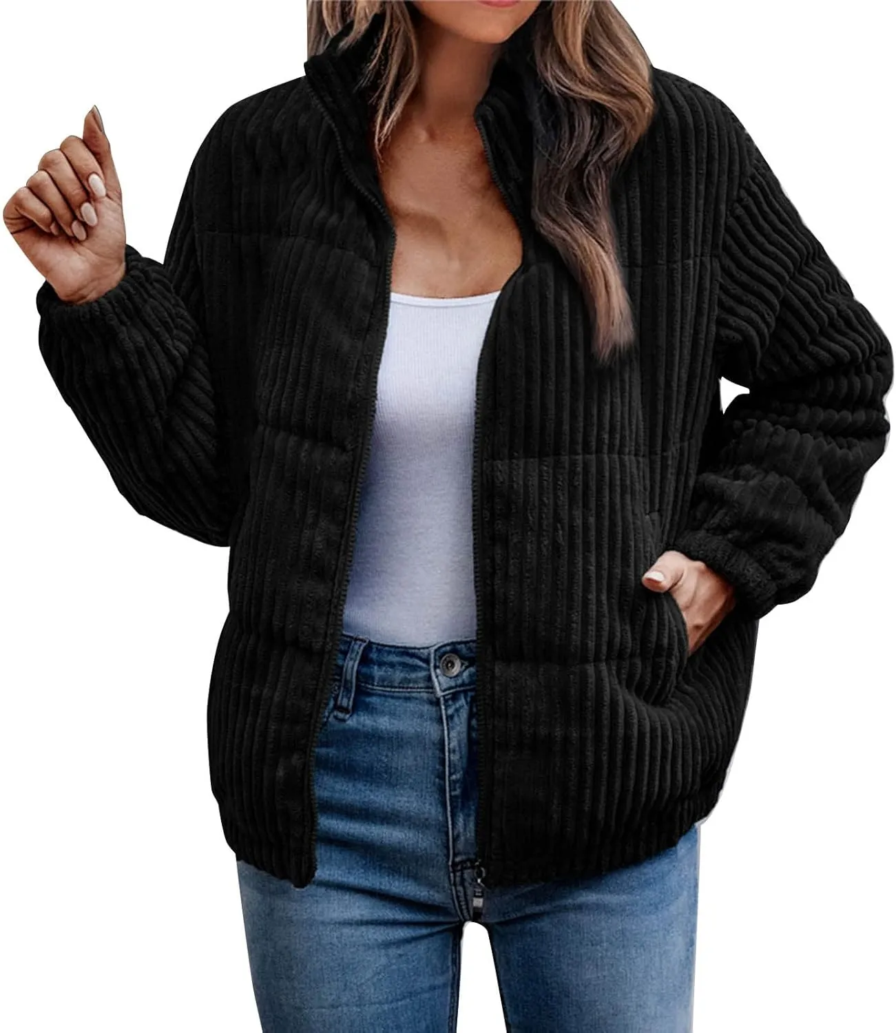 Womens 2024 Fashion Thick Solid Zipper Quilted Overcoat Long Sleeve Casual Breadwear Comfy Warm Jacket Coat Daily Suits