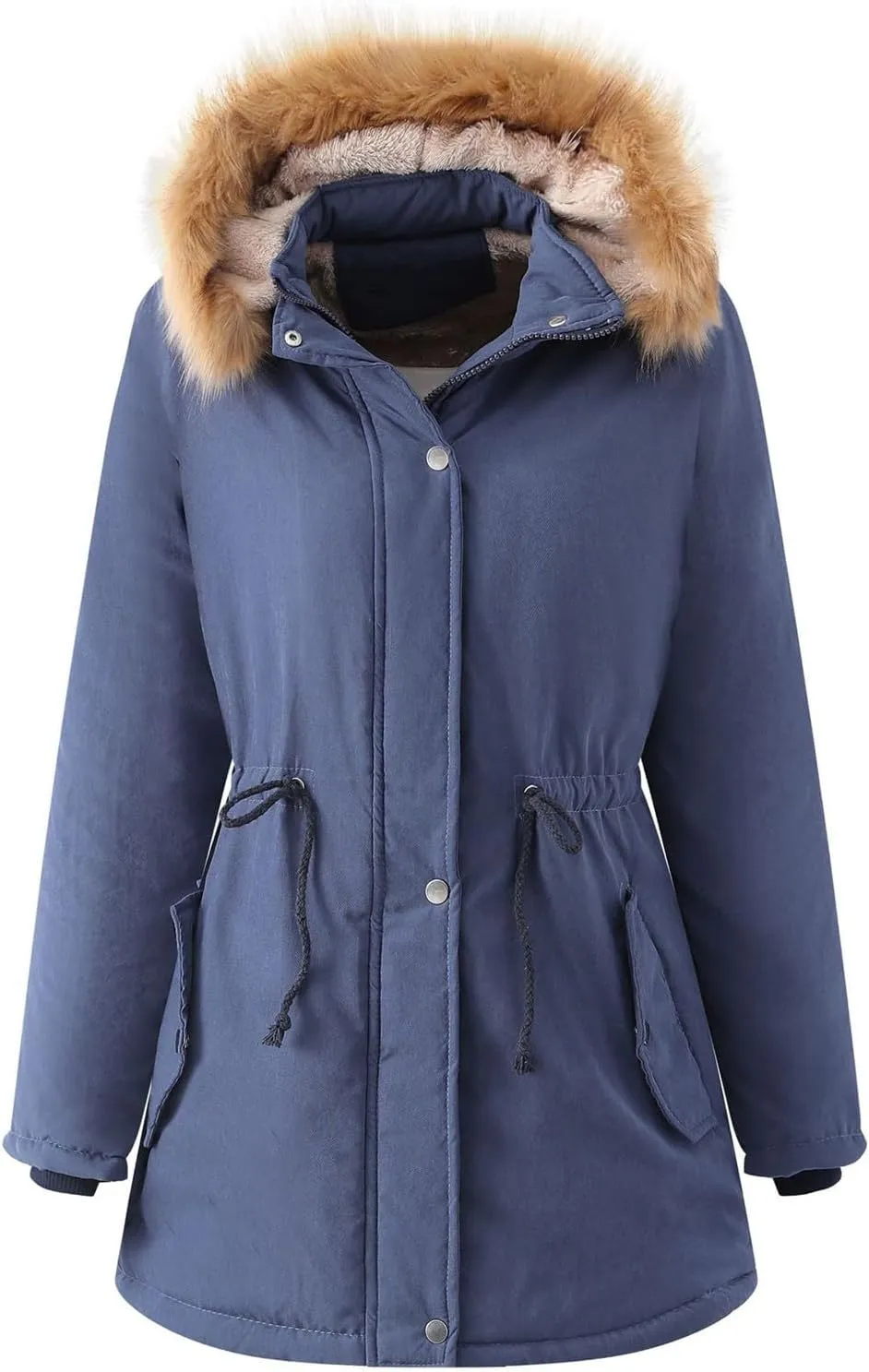 Womens 2024 Long Sleeve Button Drawstring Jacket Zip Up Removable Hoodie Pockets Coat Thick Warm Fitted Coat Outwear