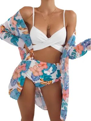 Women's 3 Piece Swimsuits Printed High Waist Triangle Bikini Bathing Suit Mesh Ruched Flowers Beach Cover Up Swimsuits
