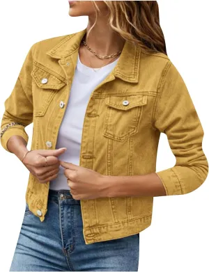 Women's Basic Button Down Button Down Fall Jackets Stretch Fitted Cropped Jackets Long Sleeves Denim trendy Jackets