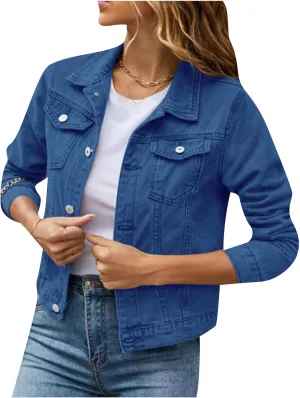 Women's Basic Button Down Button Down Fall Jackets Stretch Fitted Cropped Jackets Long Sleeves Denim trendy Jackets