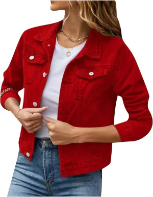 Women's Basic Button Down Button Down Fall Jackets Stretch Fitted Cropped Jackets Long Sleeves Denim trendy Jackets