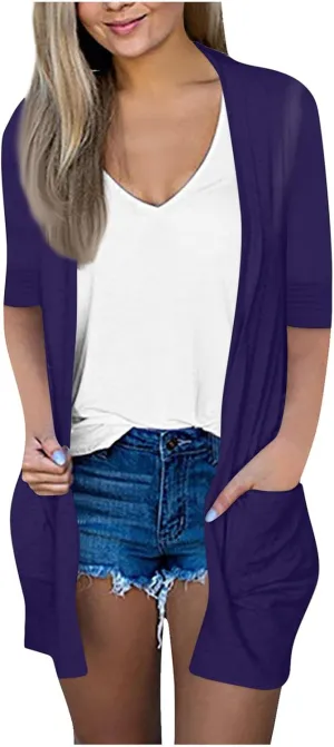 Women's Blazers & Suit Jackets, House Coats for Women with Pockets Solid 3/4 Sleeve Basic Summer Draped Cardigans