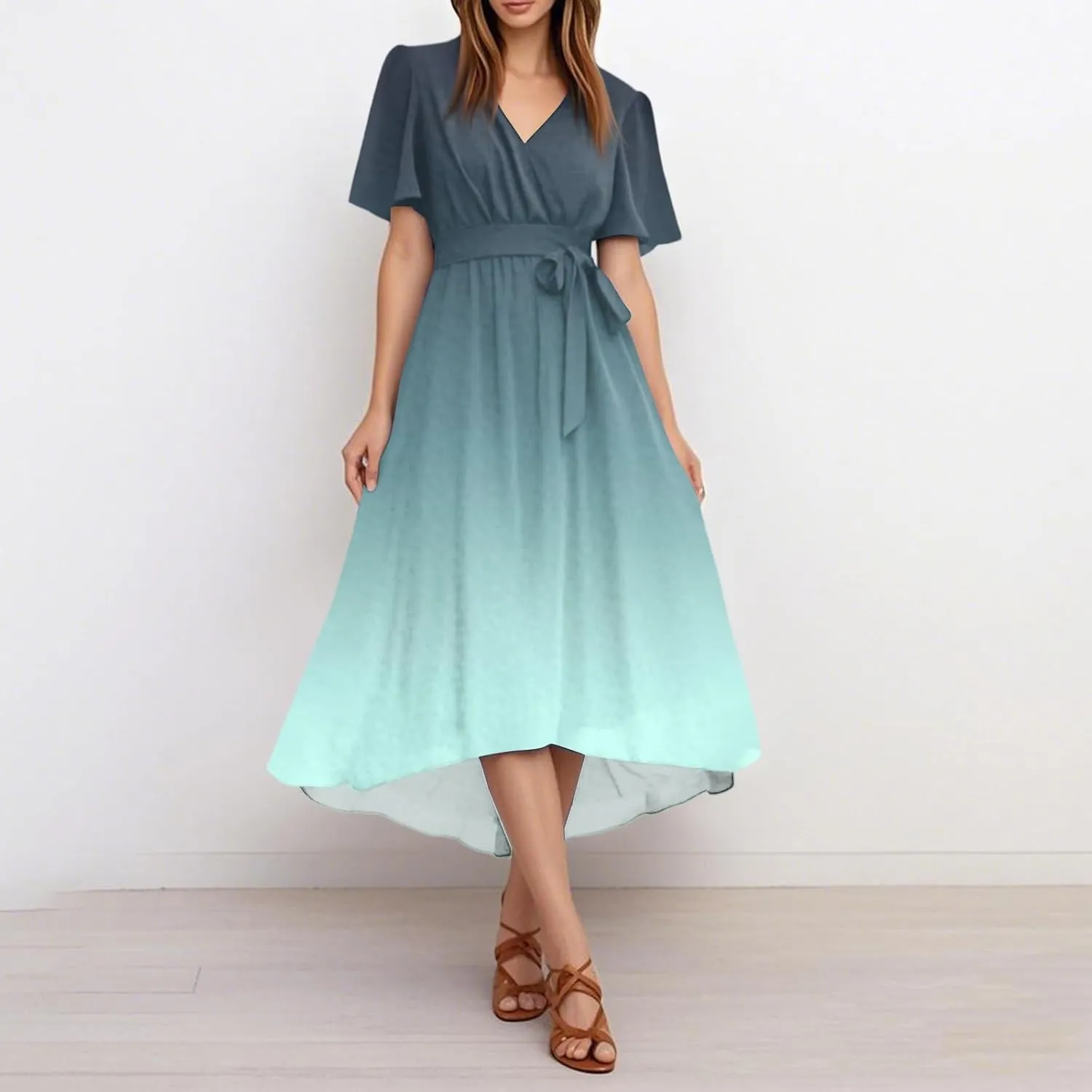Womens Boho Floral Printed Flowy Wrap Short Sexy Dresses 2025 Elegant V Neck Belted Summer Wedding Prom Cocktail Midi Dress