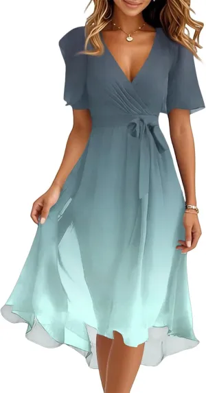 Womens Boho Floral Printed Flowy Wrap Short Sexy Dresses 2025 Elegant V Neck Belted Summer Wedding Prom Cocktail Midi Dress