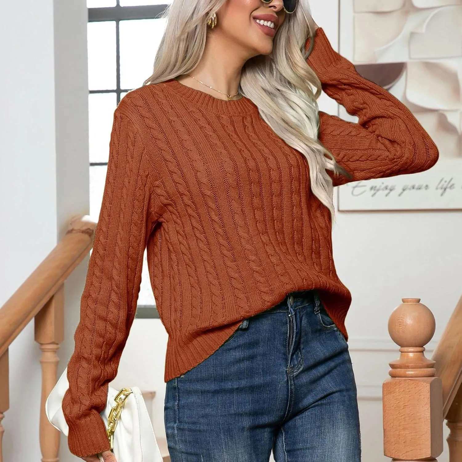Womens Cable Knitted Pullover Sweater Crewneck Business Casual Long Sleeve Tops Loose Knitwear Jumpers Tops Knitwear