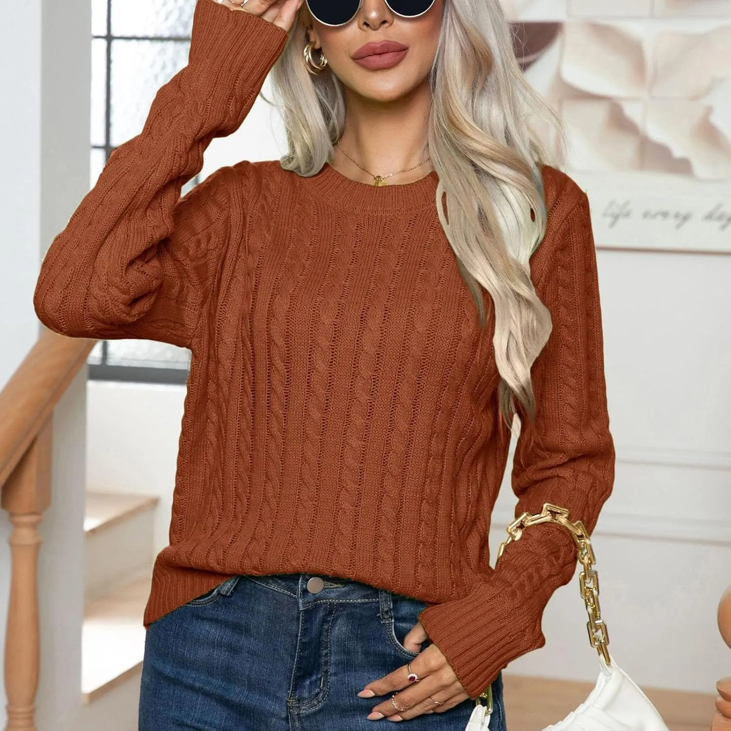 Womens Cable Knitted Pullover Sweater Crewneck Business Casual Long Sleeve Tops Loose Knitwear Jumpers Tops Knitwear