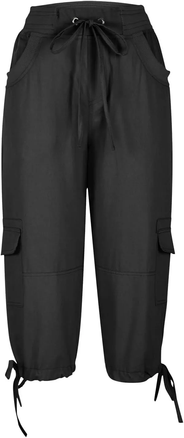 Womens Cargo Capris Pants Summer Casual Drawstring Low Waisted Hiking Jogger Outdoor Athletic 3/4 Trousers Pockets