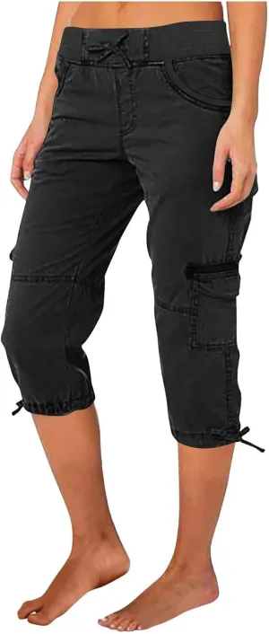 Womens Cargo Capris Pants Summer Casual Drawstring Low Waisted Hiking Jogger Outdoor Athletic 3/4 Trousers Pockets