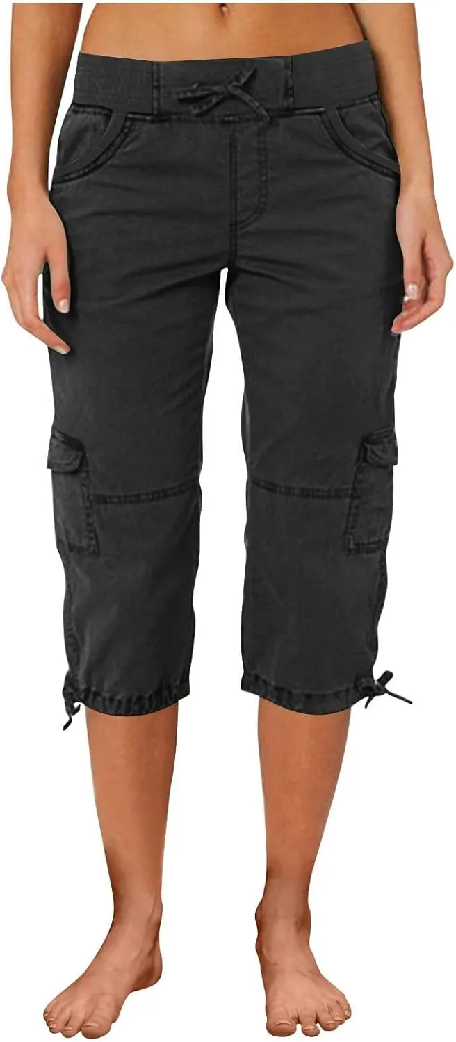 Womens Cargo Capris Pants Summer Casual Drawstring Low Waisted Hiking Jogger Outdoor Athletic 3/4 Trousers Pockets