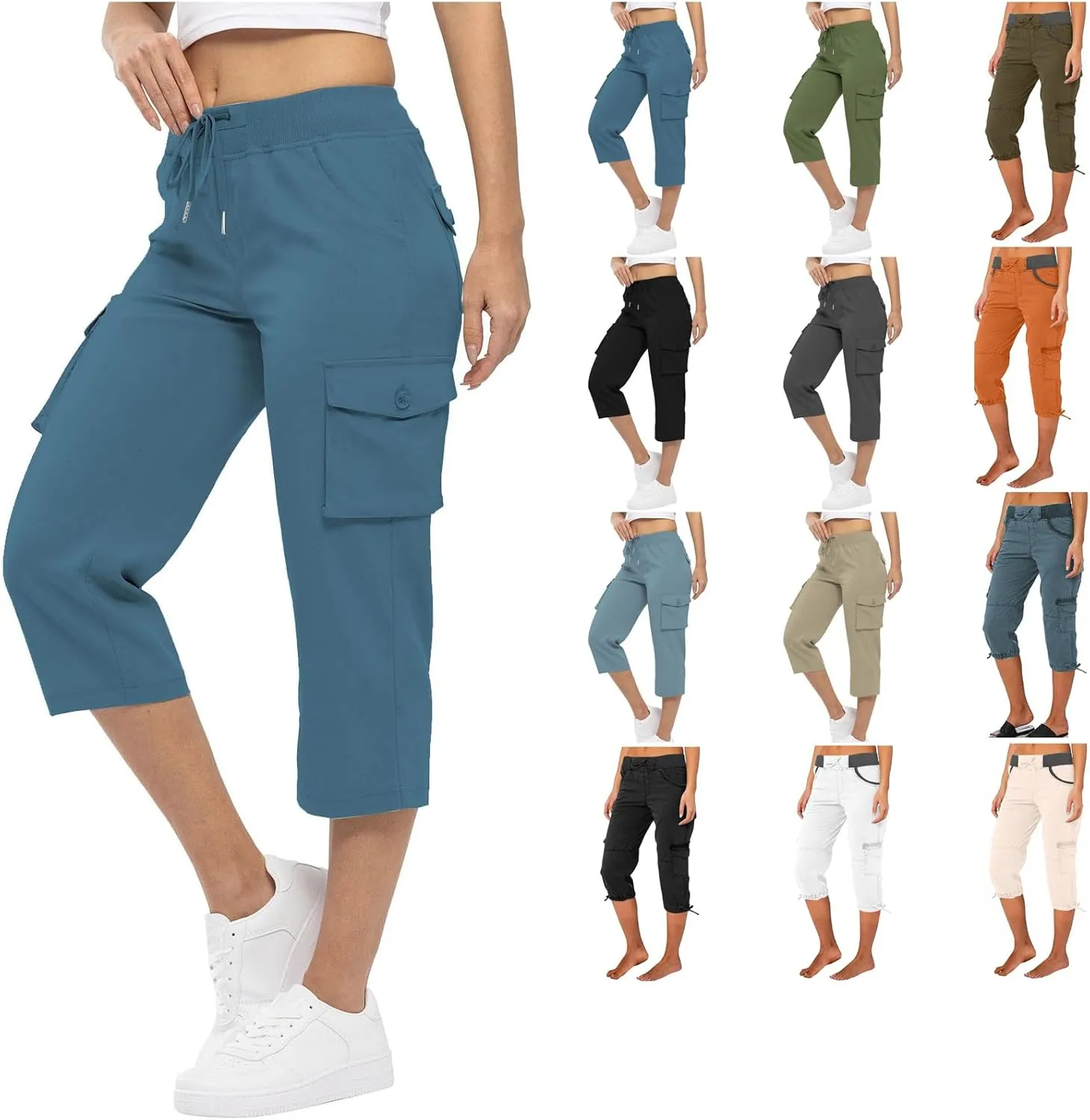 Womens Cargo Capris Pants Summer Casual Drawstring Low Waisted Hiking Jogger Outdoor Athletic 3/4 Trousers Pockets