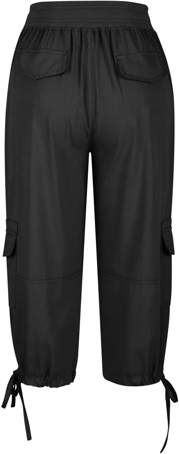 Womens Cargo Capris Pants Summer Casual Drawstring Low Waisted Hiking Jogger Outdoor Athletic 3/4 Trousers Pockets