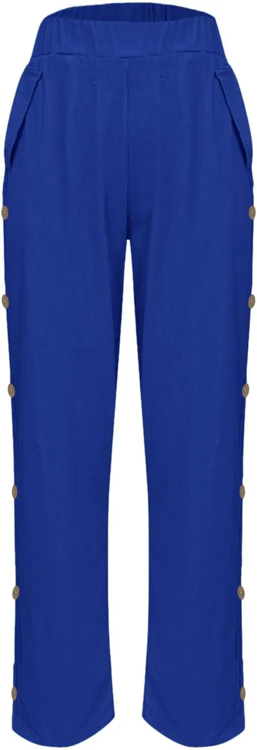 Womens Casual Pants Lightweight High Waist Elastic Straight Leg Lounge Pant Summer Loose Travel Trousers with Pockets