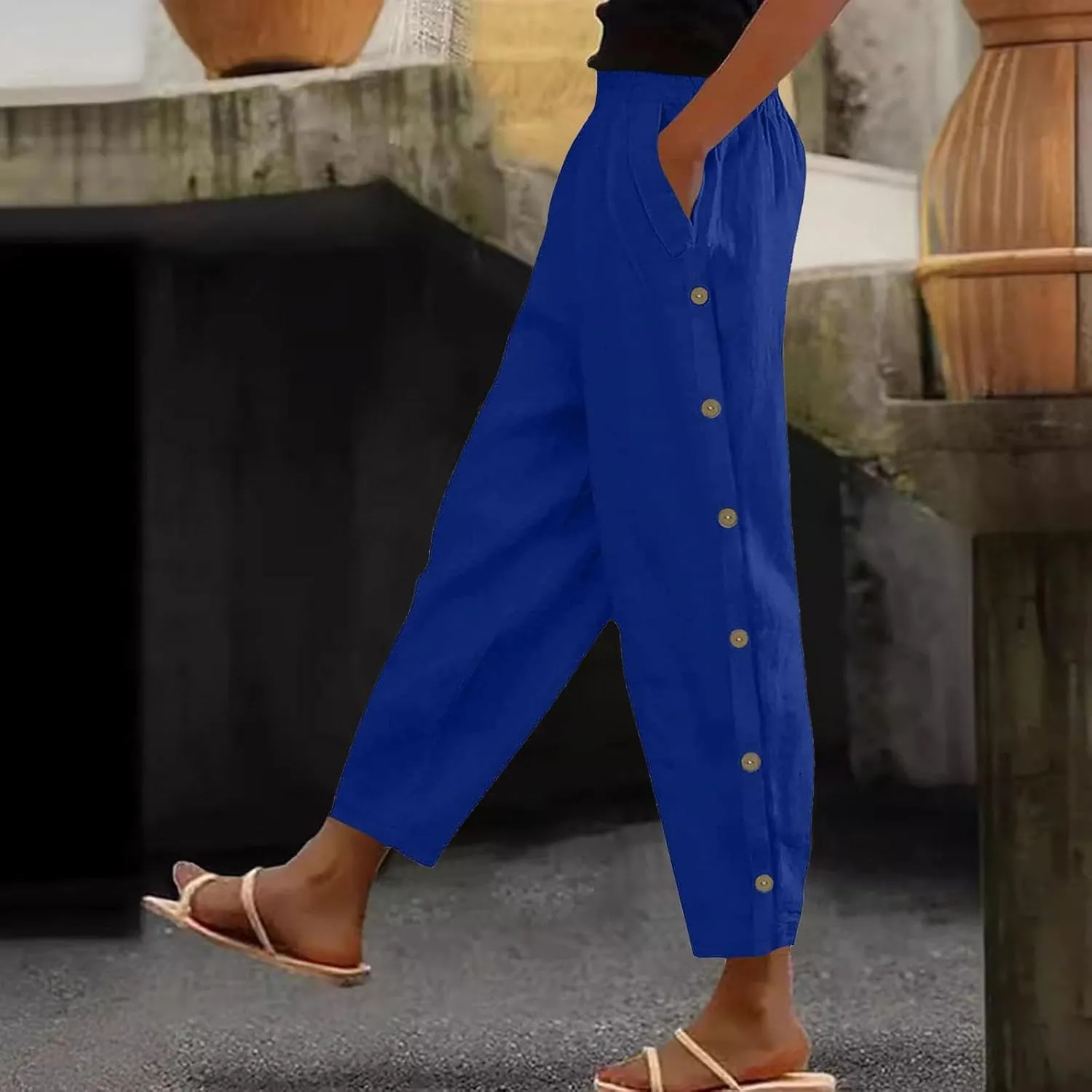 Womens Casual Pants Lightweight High Waist Elastic Straight Leg Lounge Pant Summer Loose Travel Trousers with Pockets