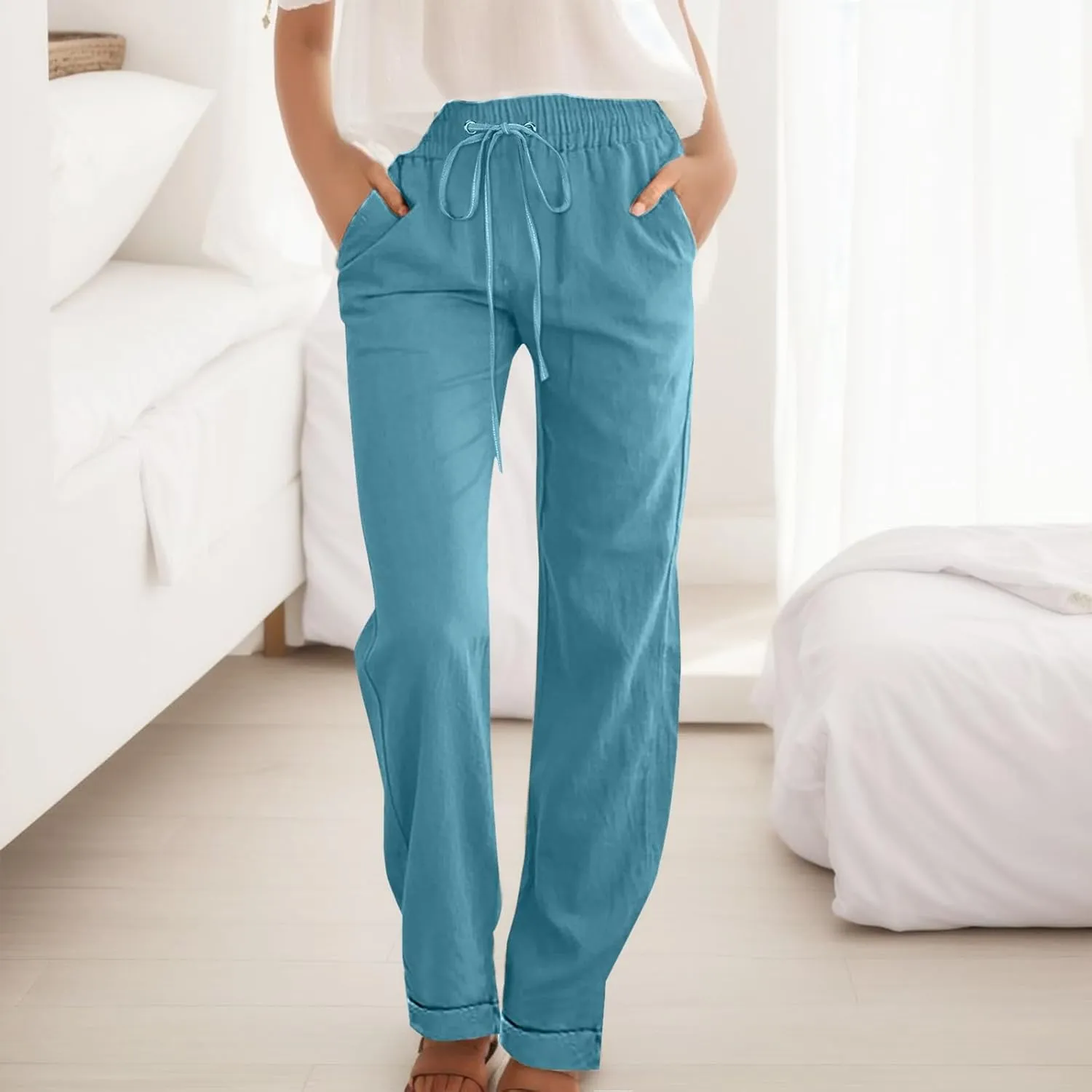 Womens Casual Pants Straight Leg Drawstring Elastic High Waist Loose Trousers Summer Casual Breathable Pants with Pockets