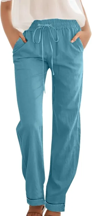 Womens Casual Pants Straight Leg Drawstring Elastic High Waist Loose Trousers Summer Casual Breathable Pants with Pockets
