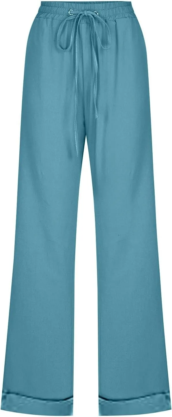 Womens Casual Pants Straight Leg Drawstring Elastic High Waist Loose Trousers Summer Casual Breathable Pants with Pockets