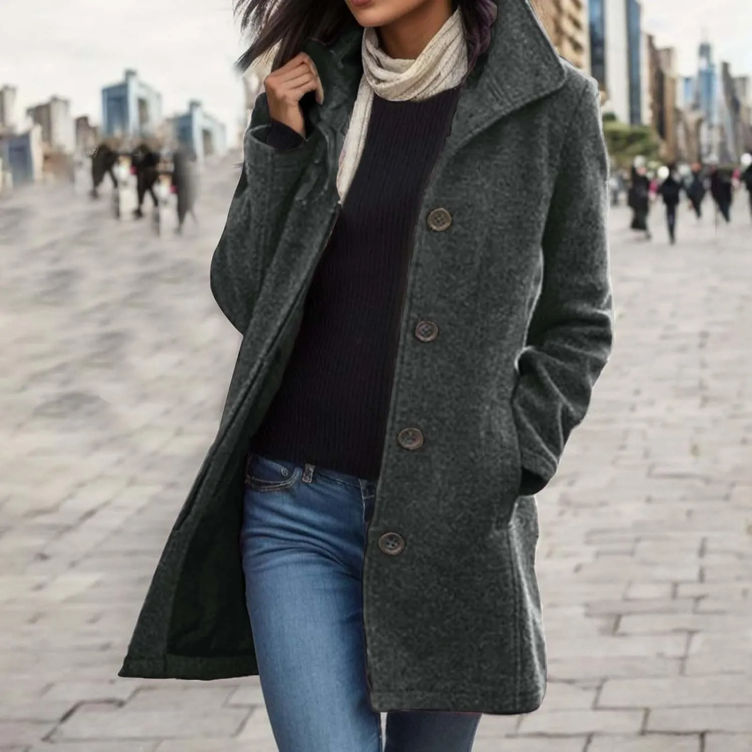 Women's Casual Thicken Coats Stand Collar Single Breasted Pea Coats Long Sleeve Wool Blend Winter Warm Trench Coats