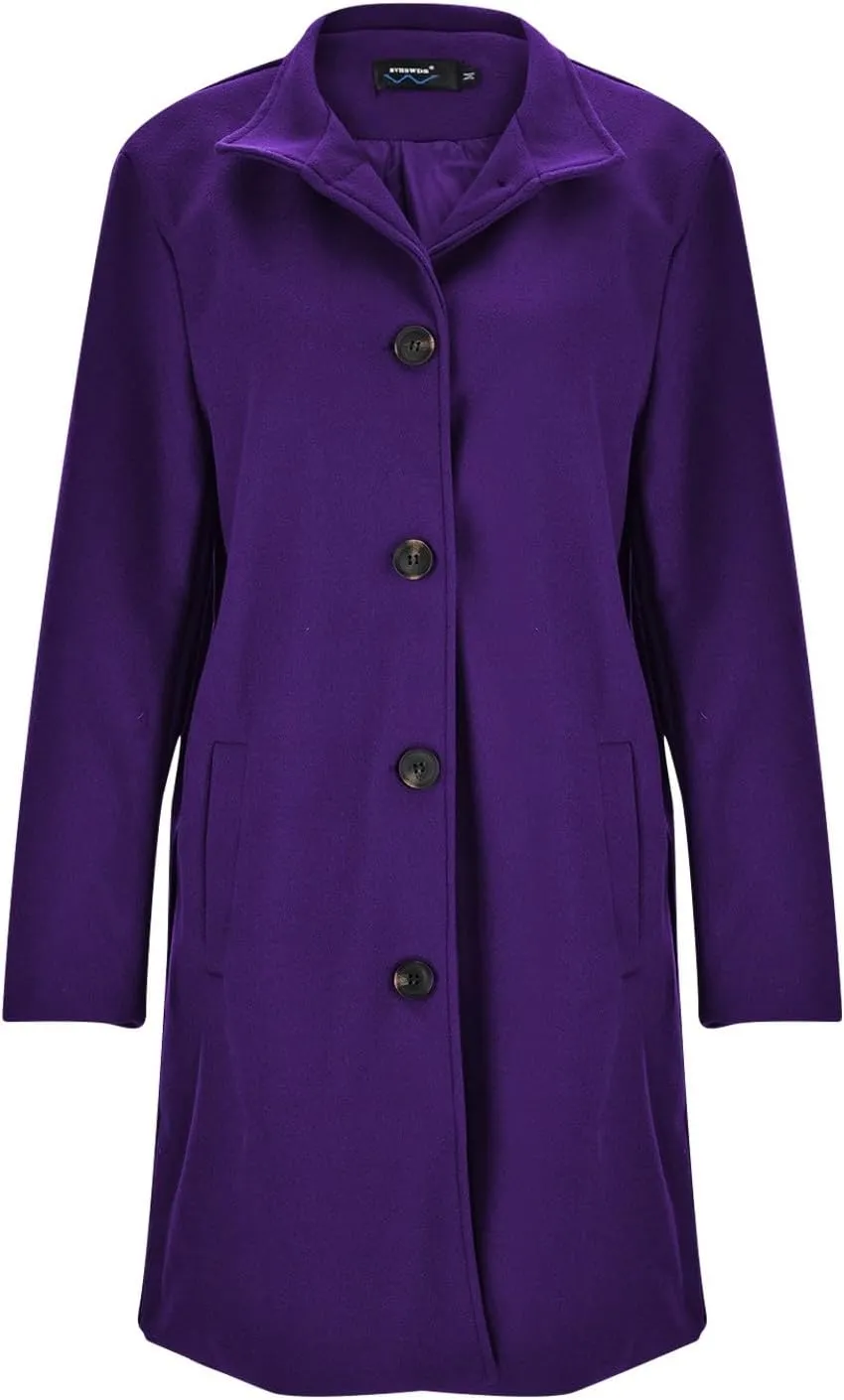 Women's Casual Thicken Coats Stand Collar Single Breasted Pea Coats Long Sleeve Wool Blend Winter Warm Trench Coats