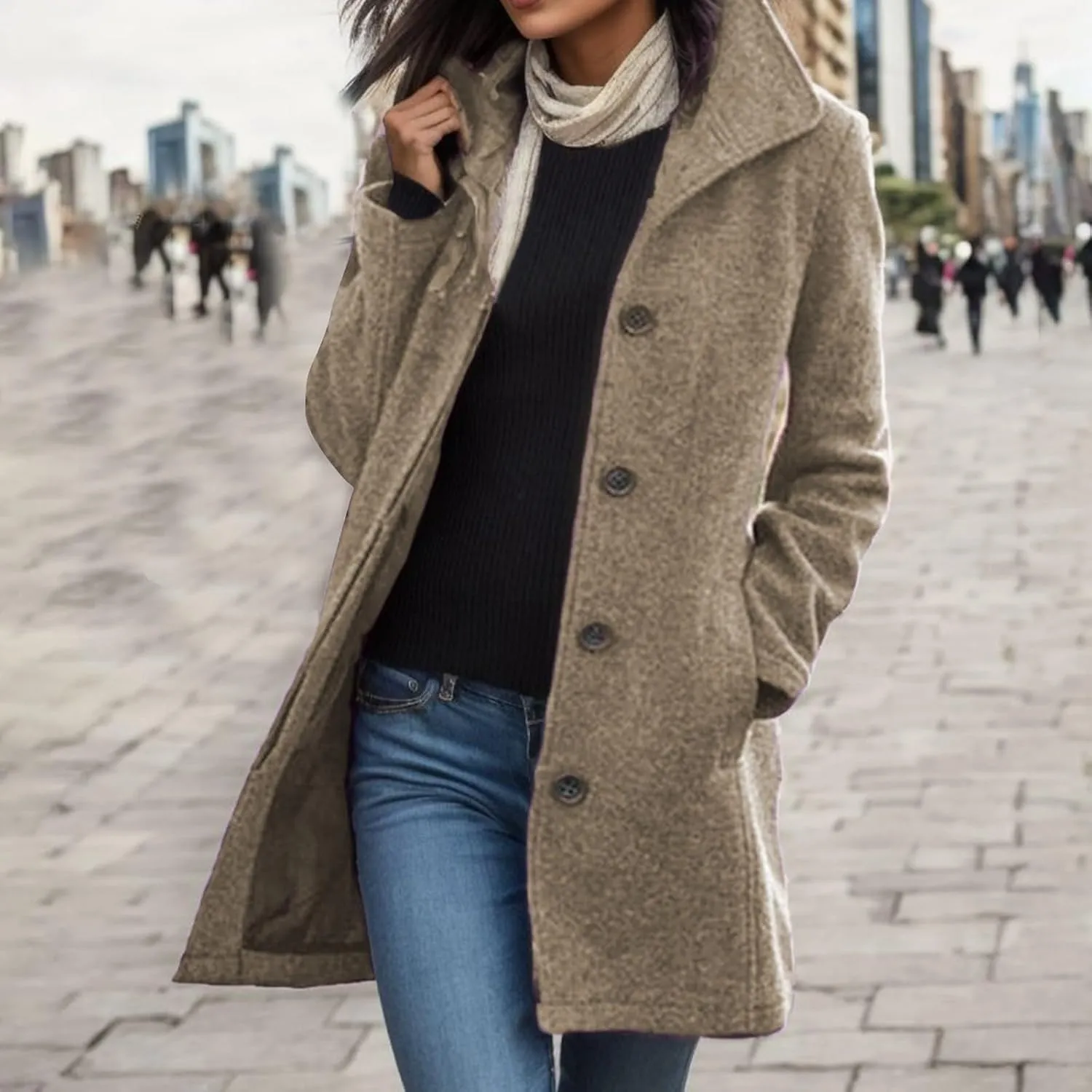 Women's Casual Thicken Coats Stand Collar Single Breasted Pea Coats Long Sleeve Wool Blend Winter Warm Trench Coats