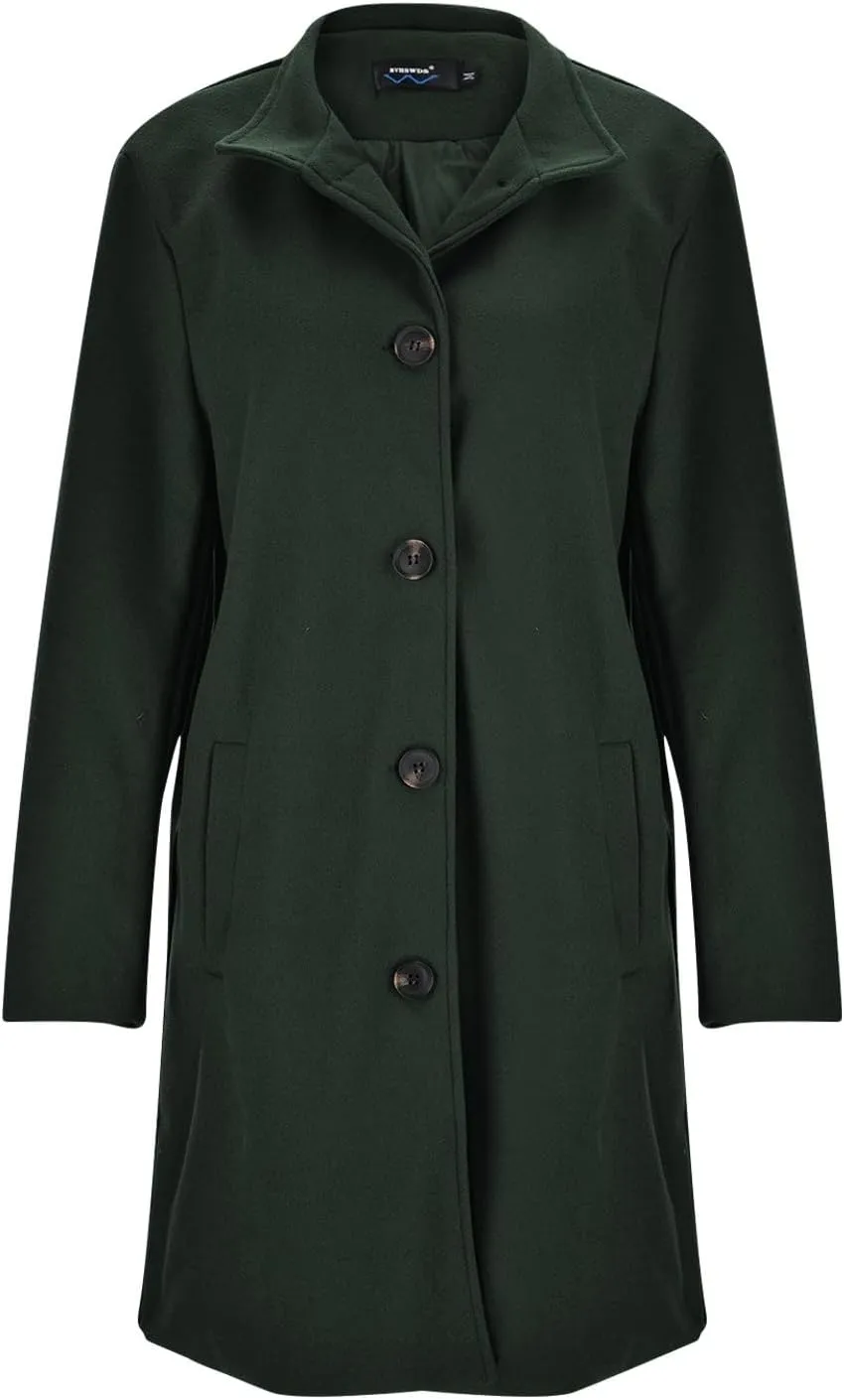 Women's Casual Thicken Coats Stand Collar Single Breasted Pea Coats Long Sleeve Wool Blend Winter Warm Trench Coats