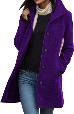 Women's Casual Thicken Coats Stand Collar Single Breasted Pea Coats Long Sleeve Wool Blend Winter Warm Trench Coats