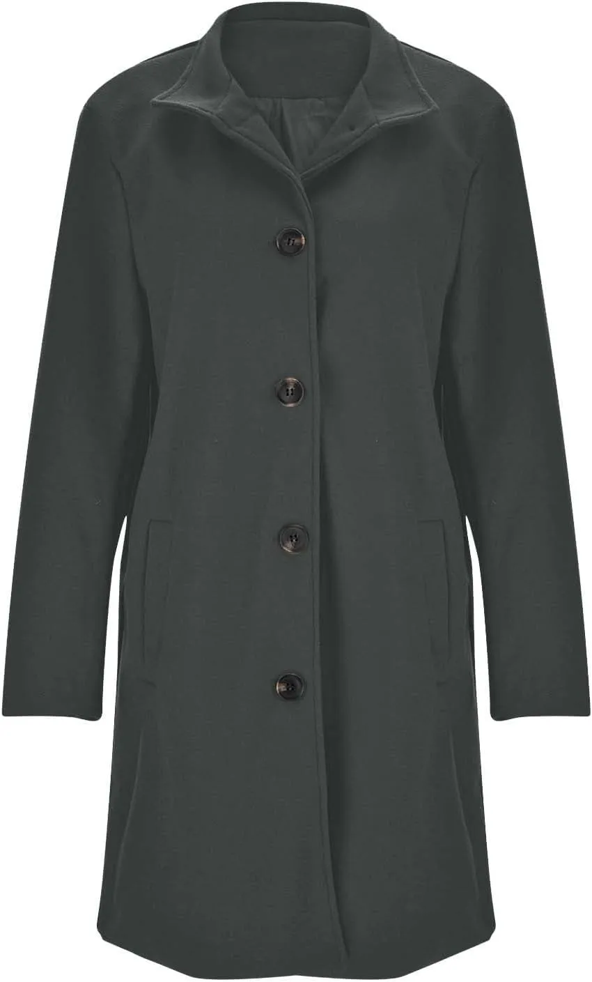 Women's Casual Thicken Coats Stand Collar Single Breasted Pea Coats Long Sleeve Wool Blend Winter Warm Trench Coats