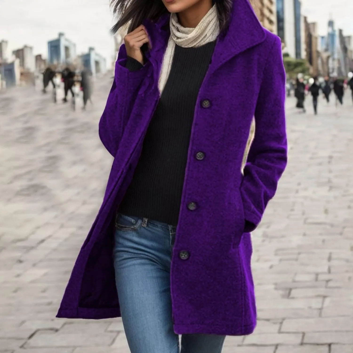 Women's Casual Thicken Coats Stand Collar Single Breasted Pea Coats Long Sleeve Wool Blend Winter Warm Trench Coats