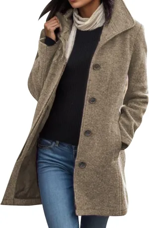 Women's Casual Thicken Coats Stand Collar Single Breasted Pea Coats Long Sleeve Wool Blend Winter Warm Trench Coats