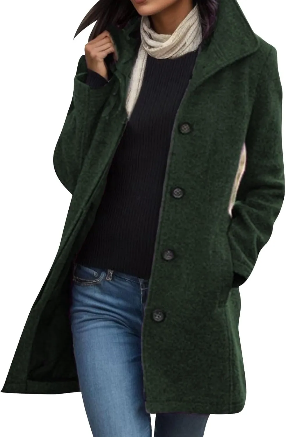 Women's Casual Thicken Coats Stand Collar Single Breasted Pea Coats Long Sleeve Wool Blend Winter Warm Trench Coats