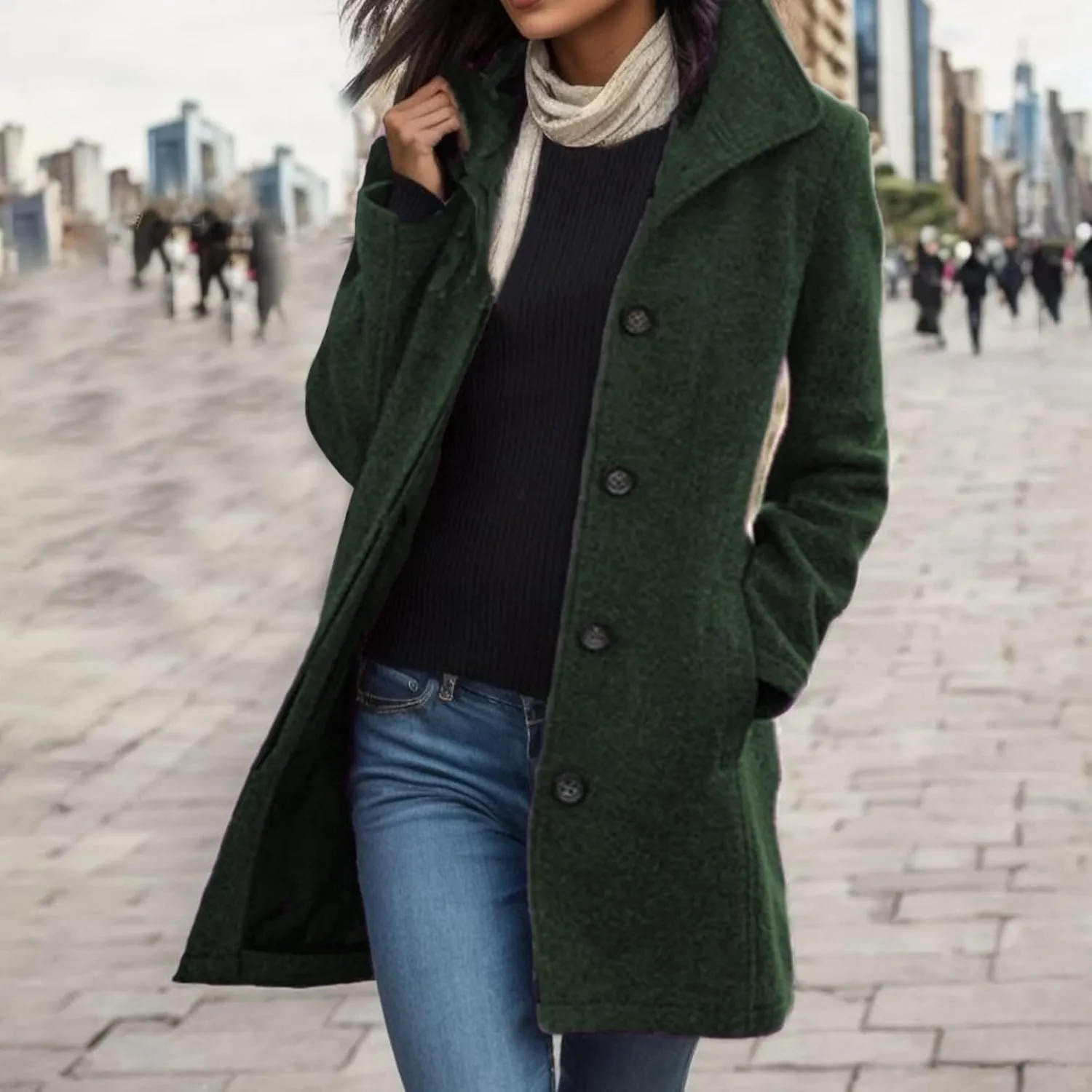 Women's Casual Thicken Coats Stand Collar Single Breasted Pea Coats Long Sleeve Wool Blend Winter Warm Trench Coats