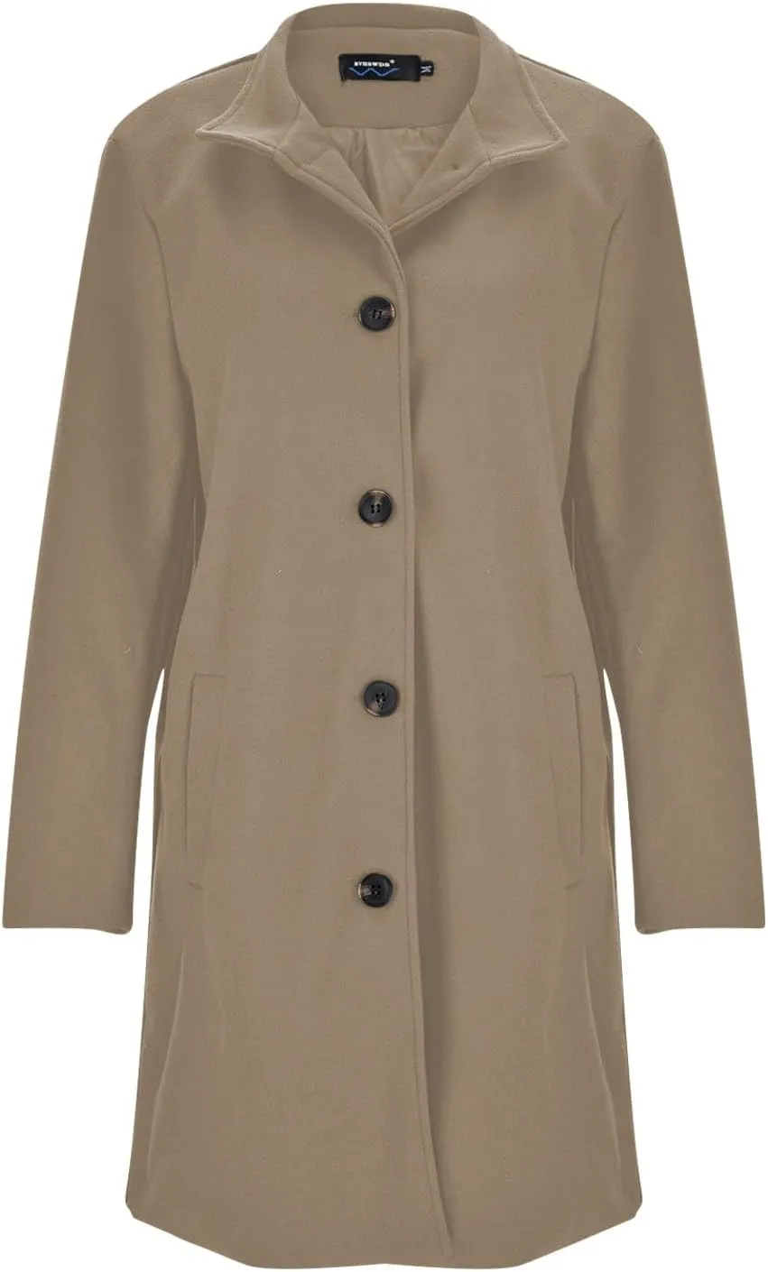 Women's Casual Thicken Coats Stand Collar Single Breasted Pea Coats Long Sleeve Wool Blend Winter Warm Trench Coats