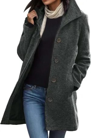 Women's Casual Thicken Coats Stand Collar Single Breasted Pea Coats Long Sleeve Wool Blend Winter Warm Trench Coats