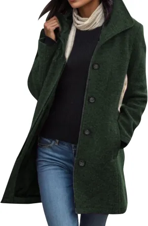 Women's Casual Thicken Coats Stand Collar Single Breasted Pea Coats Long Sleeve Wool Blend Winter Warm Trench Coats