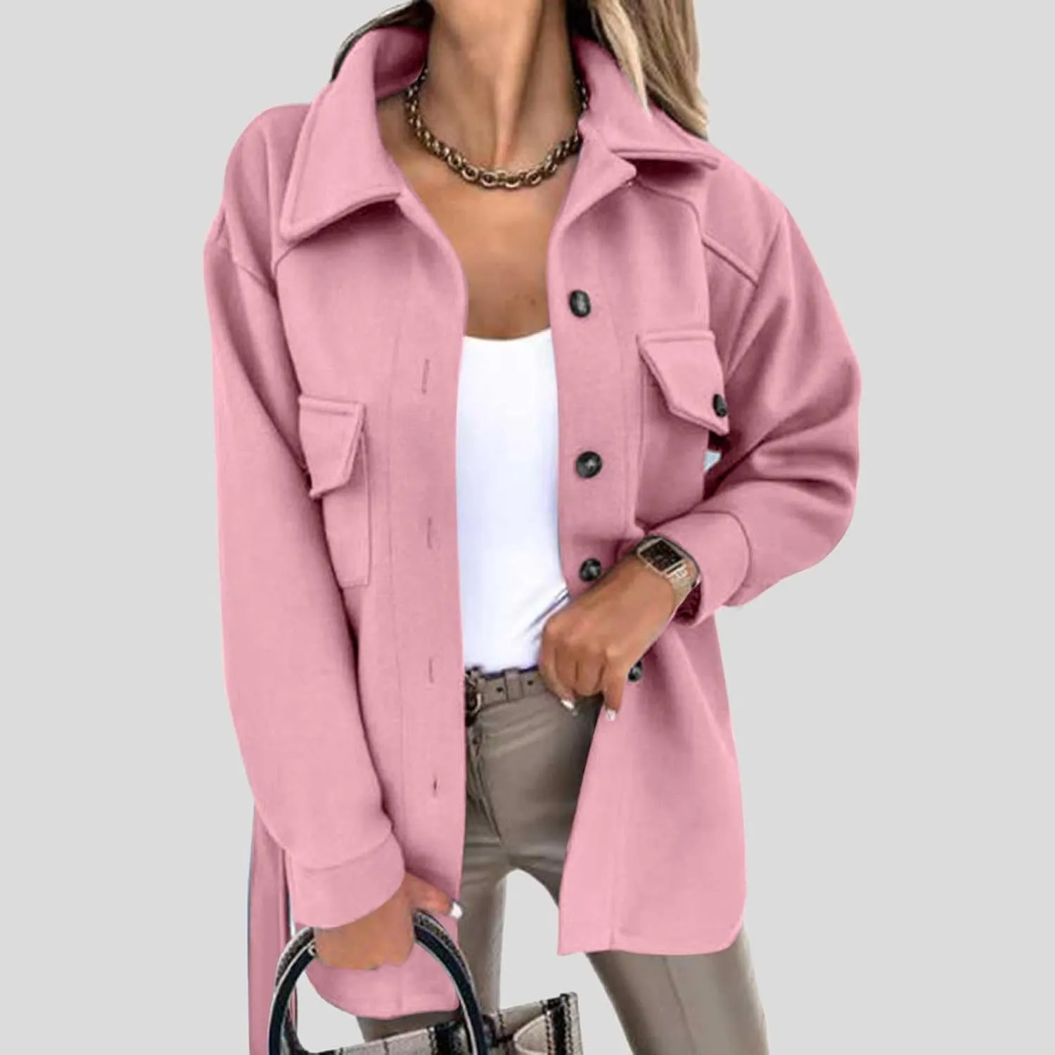 Women's Casual Wool Blend Midi Coat Button Up Lapel Collar Winter Overcoat Thick Pea Coats Elegant jacket