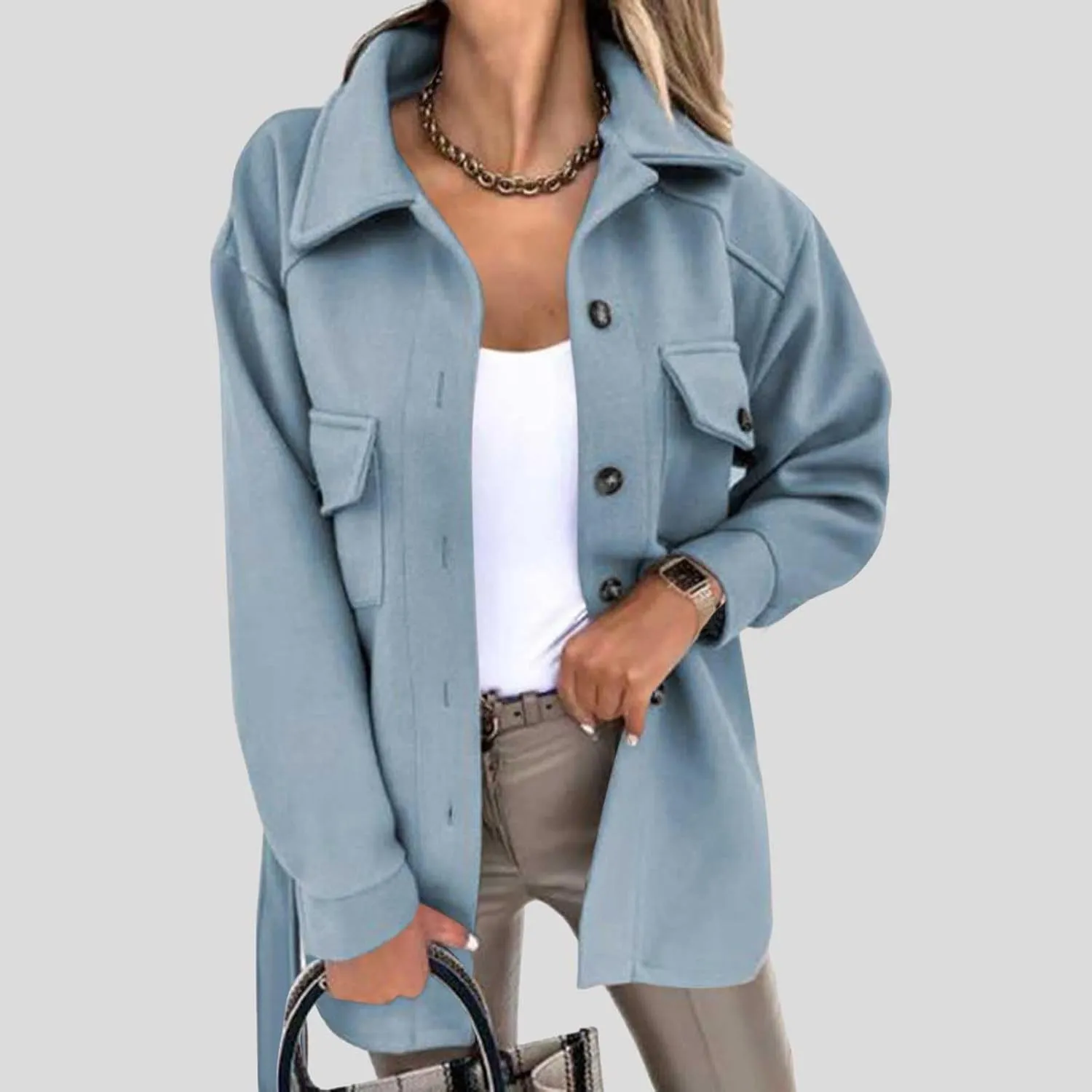 Women's Casual Wool Blend Midi Coat Button Up Lapel Collar Winter Overcoat Thick Pea Coats Elegant jacket