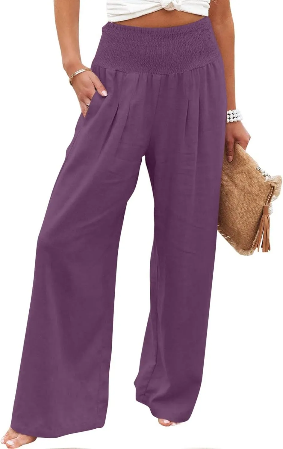 Womens Cotton Linen Palazzo Pants Loose Elastic High Waist Trousers Wide Leg Beach Pant Solid Vacation Casual Outfits