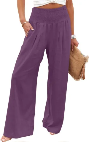 Womens Cotton Linen Palazzo Pants Loose Elastic High Waist Trousers Wide Leg Beach Pant Solid Vacation Casual Outfits